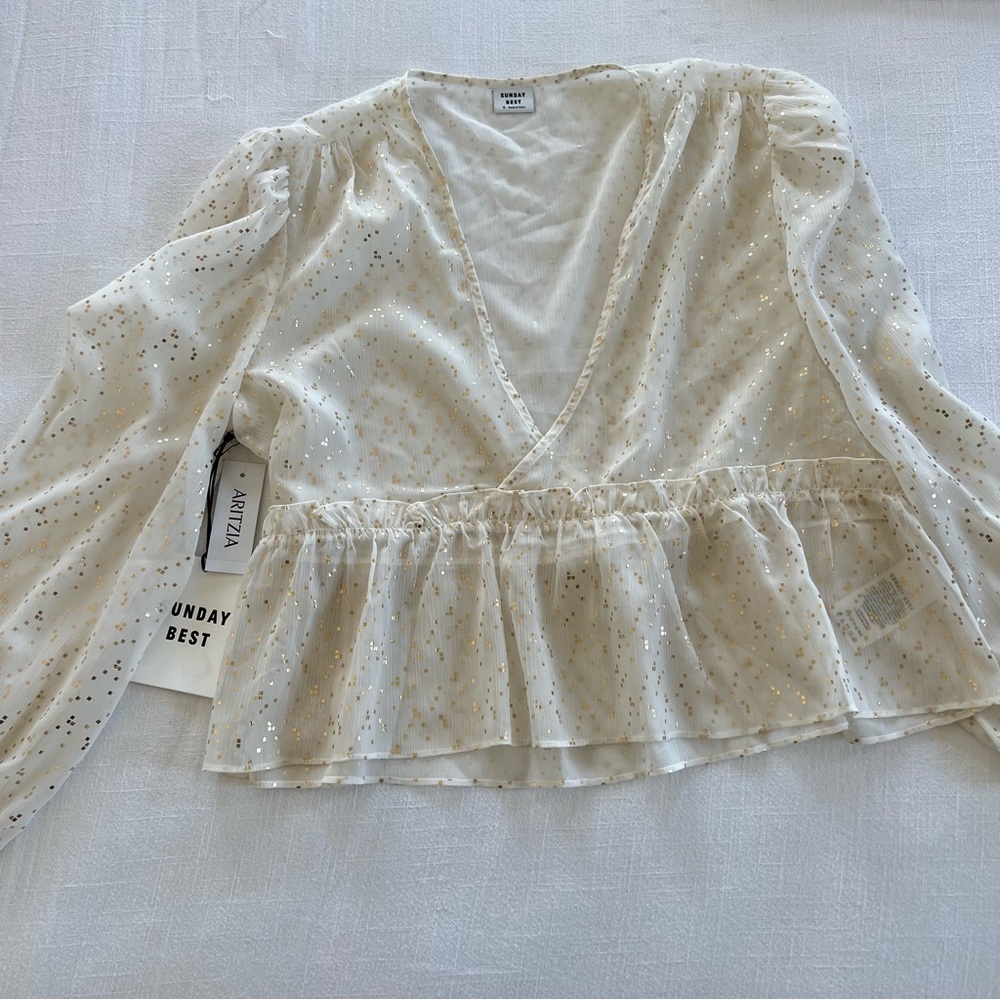 NWT Sunday Best x Aritzia White & Gold Polka Dot Top